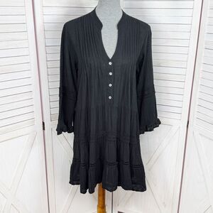 DIA Pleated Tiered Crochet Lace Trim Tunic Shift Dress Black Large Boho‎ Gothic